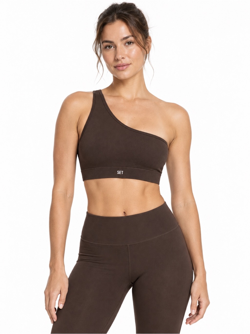 SET Active One-Shoulder Sports Bra in Chocolate Espresso NEW MSRP $58